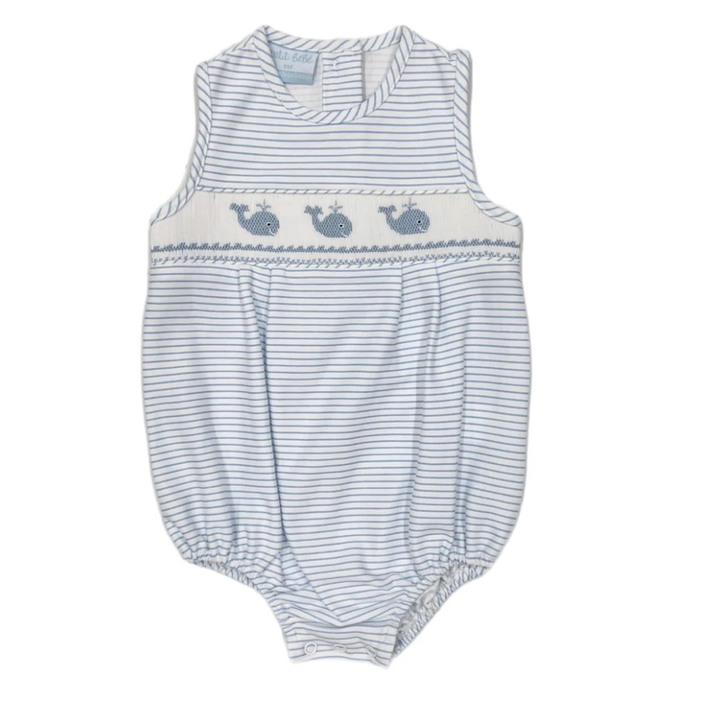 Petit Bebe Blue Stripe Smocked Whale Bubble